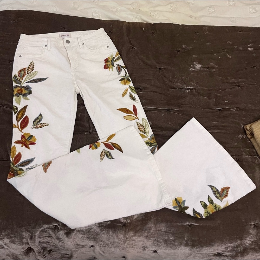 Free People X Driftwood Floral Embroidered Farrah Flare Corduroy White Jeans